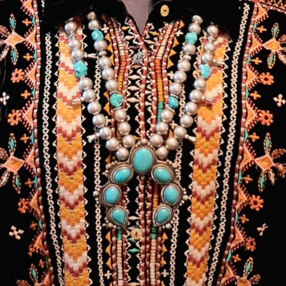 Vintage Chicos Faux Turquoise Squash Blossom Ceremonial Necklace - Picture 1 of 8